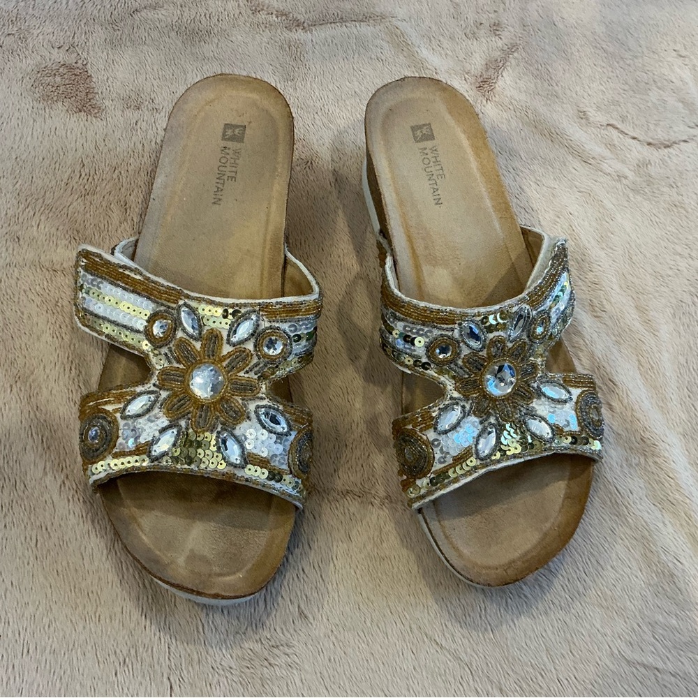 White Mountain slip on sandals, gold, and silver.